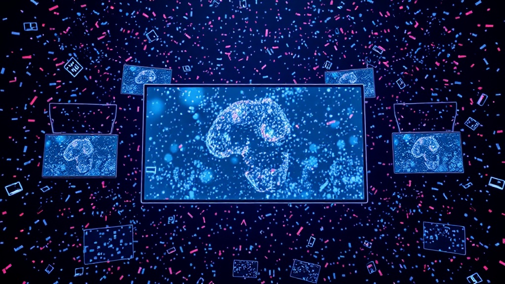 Film IA terminé en cours d'export et partagé sur plusieurs écrans de plateformes avec des confettis de célébration