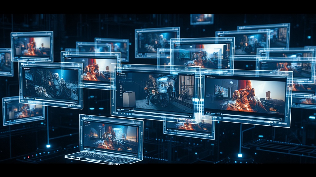 Modèles de génération vidéo IA affichés comme des cartes holographiques flottant dans l'espace, interface sci-fi