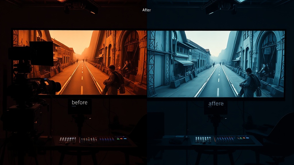Suite de post-production avec étalonnage couleur assisté par IA et comparaison avant/après du film