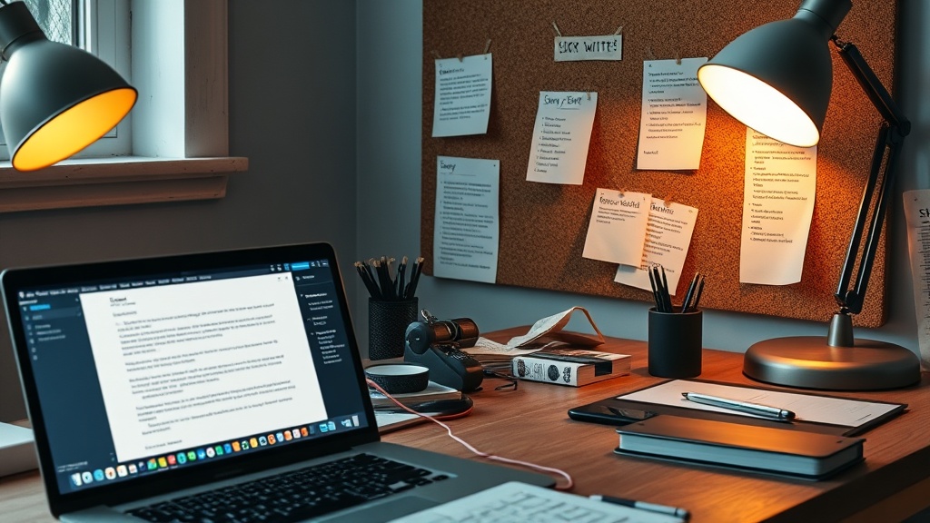 Bureau de scénariste avec ordinateur portable montrant un éditeur de script IA et des notes sur un tableau en liège