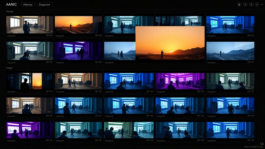 Storyboard numérique avec des vignettes de scènes générées par IA disposées en séquence, cadres colorés