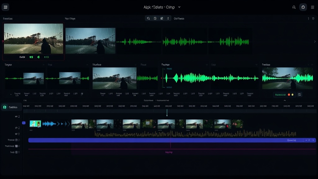Timeline de montage vidéo avec plusieurs pistes montrant des clips générés par IA, des formes d'onde et des transitions