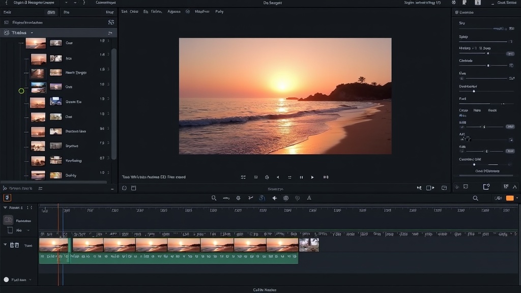 Espace de travail de l'éditeur vidéo IA à trois panneaux montrant l'arbre de structure, l'aperçu vidéo et le panneau des propriétés