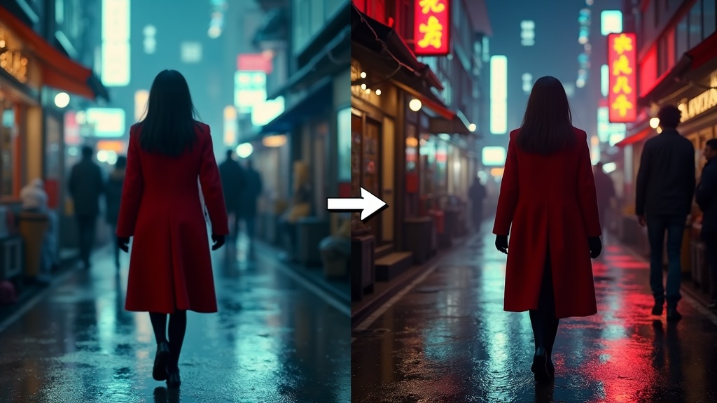 Comparaison avant/après : un prompt vidéo IA vague produisant des résultats flous versus un prompt détaillé créant une scène cinématique