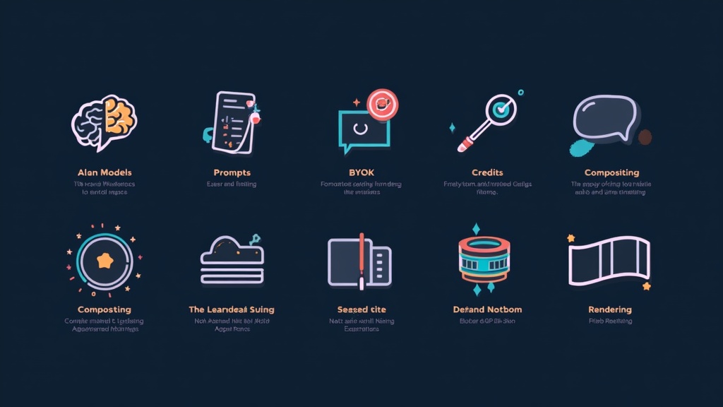 Glossaire visuel des concepts de montage vidéo IA montrant des icônes pour les modèles IA, les prompts, le BYOK, les crédits, le compositing, la timeline et le rendu