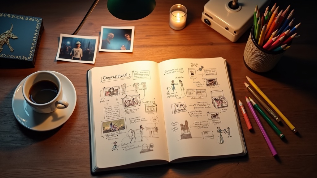 Kreative Brainstorming-Szene mit Notizbuch, Referenzfotos und bunten Stiften auf einem Holztisch für die KI-Film-Konzeptentwicklung