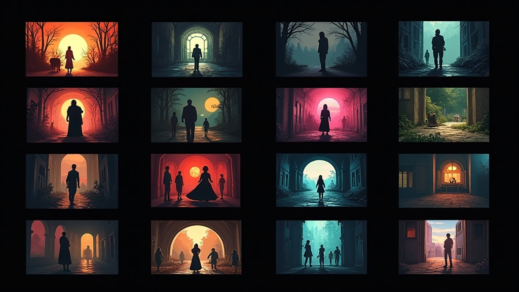 Raster mit 12 KI-Video-Stil-Presets in cineastisch, Anime, Noir, Dokumentation, Sci-Fi und weiteren visuellen Stilen