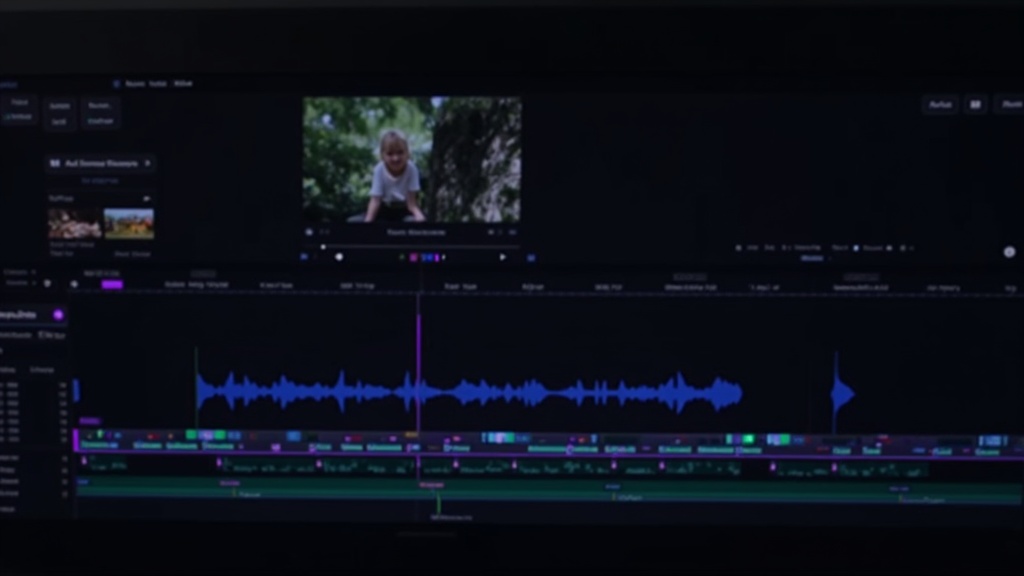 Professioneller Multi-Track-Timeline-Editor mit Videoclips, Audio-Erzählung, Musikspuren und Text-Overlays für KI-Filmbearbeitung