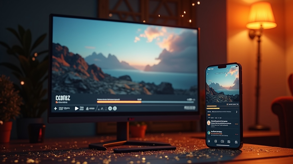 Finaler KI-Film-Export mit gerendertem Film auf dem Monitor und Social Sharing auf dem Handy mit Feier