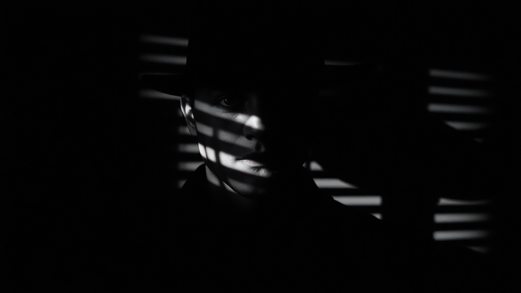 Éditeur DaVinciDreams affichant le style noir avec un éclairage en noir et blanc à haut contraste appliqué à un portrait de personnage avec des ombres de store vénitien